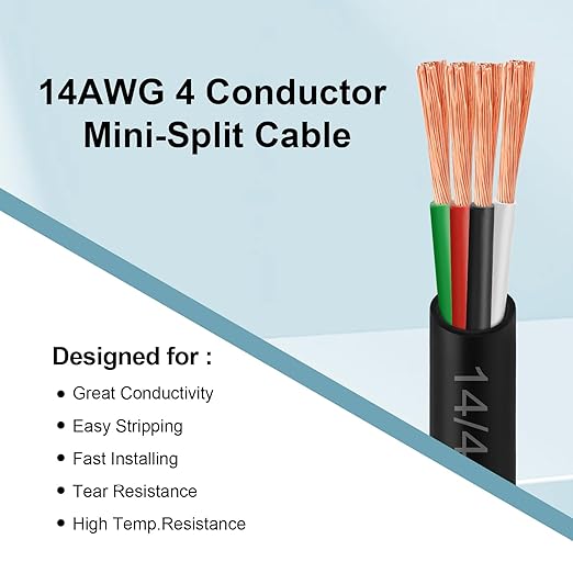 MOOKEERF 14/4 AWG Mini-Split Cable - 10FT 14 AWG 4 Conductor Control Cable 300V Stranded Oxygen-Free Pure Copper Wire for Mini Split Air Conditioner,Heat Pump,HVAC Systems and Speaker Systems