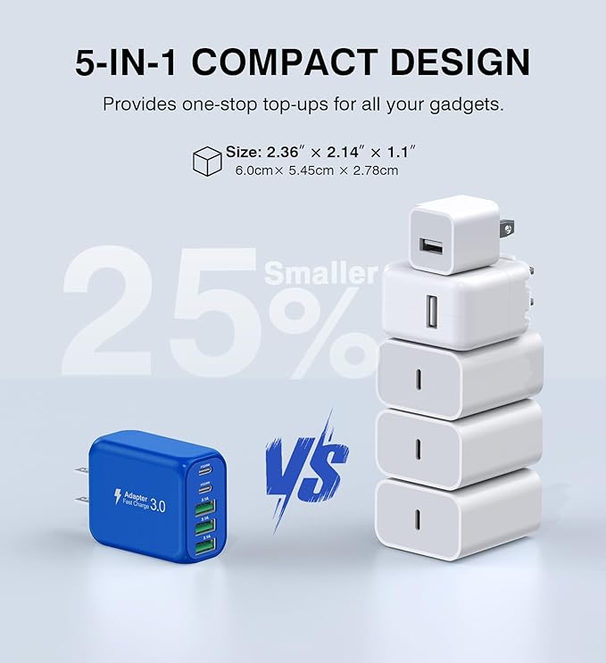(2-Pack) 60W USB C Wall Charger Block, 5-Port C Charger Fast Charging Block PD Power Adapter +QC 3.0 Multiport Type C Box Brick Cube USB A Wall Plug for iPhone 15/16/17 Pro Max,Samsung (Dark Blue)
