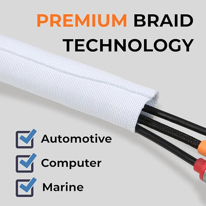 HOLED 5/16 inch Split Braided Cable Management Sleeve for USB Cable Power Cord Audio Video Cable, Wire Loom Cord Protector from Cat Dog Chewing (White, 25FT)