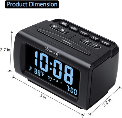 DreamSky Alarm Clock Radios for Bedrooms with Battery Backup, Large Big Numbers with Brightness Dimmer, USB Port, Bedside Digital FM Radio with Sleep Timer, Temperature, Adjustable Volume, Snooze
