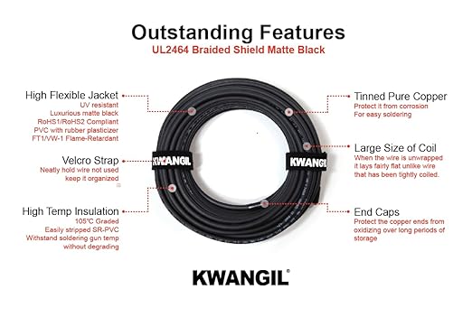 KWANGIL 2C 20AWG AMSB Shielded Cable Wire (UL2464) - Highly Flexible Str TC, PVC Ins, OS+TC BRD, PVC JKT for CNC Machine, Stepper Motor, VFD Spindle (Matte Black 25FT)