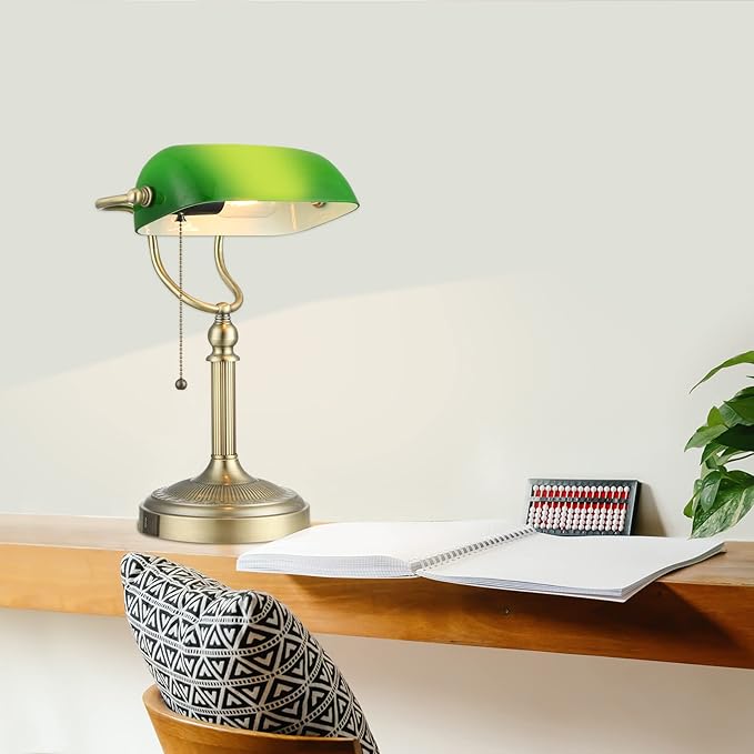 Newrays Green Glass Bankers Desk Lamp with Pull Chain Switch Plug in Fixture,USB Fast Charging Port