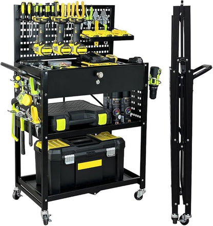 Lumizone Folding Tool Cart with Drawer and Pegboard Hooks Rolling Utility Service Cart on Wheels for Garage Organizer Foldable Power Tool Storage Heavy Duty Steel (Tool Cart with Drawer+Hooks)