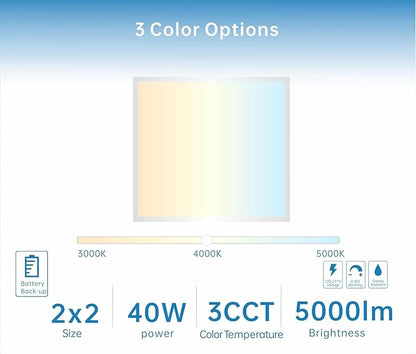 2X2 LED Flat Panel Light Emergency Battery Backup, 40W-3000K/4000K/5000K, 0-10V Dimmable, 4390 Lumens, LED Drop Ceiling Light, 100-277V, DLC and UL Listed, Ultra Thin Back-Lit (4 Pack)