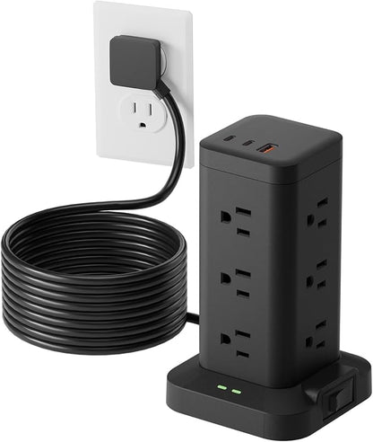 Power Strip Tower with Surge Protector 1800J, Fast Charging Tower PD20W USB-C Ports with 12 AC Outlets, 10ft Extension Cord for Home Office Dorm Room, Black
