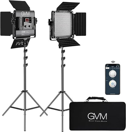 GVM 2 Pack LED Video Lighting Kits with APP Control, Bi-Color Variable 2300K~6800K with Digital Display Brightness of 10~100% for Video Photography, CRI97+ TLCI97 Led Video Light Panel +Barndoor