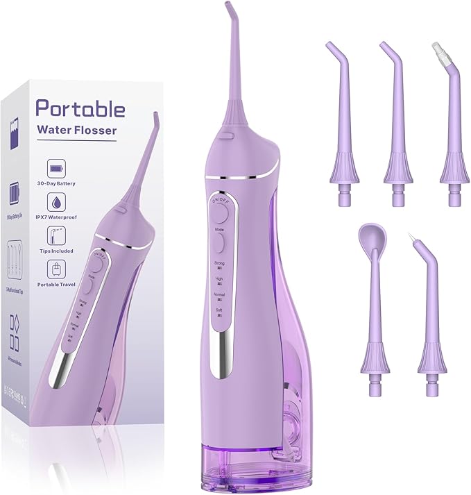 Cordless Portable Water Flosser with 300ML Tank: Rechargeable Oral Irrigator with 5 Tips for Travel, Braces Care and Sensitive Gums, IPX7 Waterproof Teeth Cleaning Device(Purple)