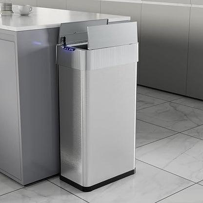 TLSUNNY 18.5 Gallon Automatic Trash Can, Stainless Steel Motion Sensor Garbage bin, Smart Trash Can W/Butterfly Lid, Bag Retainer Ring and Display Light for Living Room,Kitchen,Office (Silver, 70L)