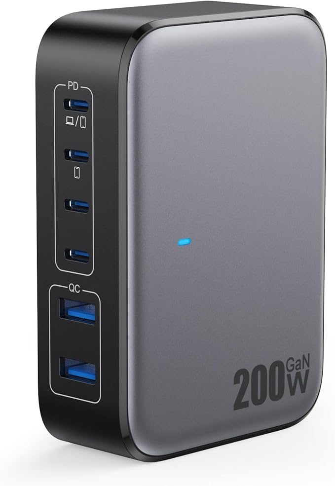 USB C Charger 200W USB Charging Block,6 Ports GaN IV Foldable Wall Charger Outlet Plug,QC4.0 Fast Charging Station Hub,PD 65W Laptop Adapter for MacBook Pro/Air,Dell,iPhone 16/15,Galaxy,Steam Deck