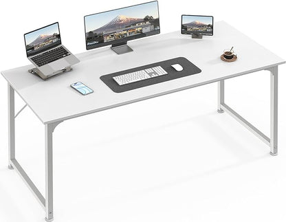 Huuger Computer Desk, 55 Inch Home Office Desk, Gaming Writing Work from Home Study Desk, Large Legroom, Sturdy Metal Frame, Modern Simple, White