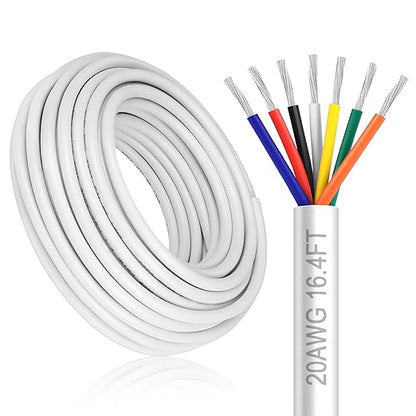 20 Gauge 7 Conductor Electrical Wire, 16.4FT White Stranded Low Voltage 20/7 PVC Case, 20 AWG Tinned Copper 7 Wire Extension Power for Strips LED Lamp Lighting