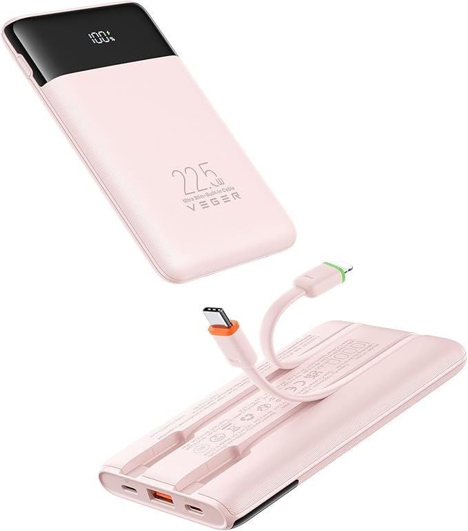 VEGER Portable Charger with Built in Cable, 10000mAh 22.5W Fast Charging USB C Battery Pack, 4 Outputs 3 Inputs Power Bank for iPhone 16/15/14/13 Series, iPad, Samsung, Android, Tablet, Pink(1 Pack)