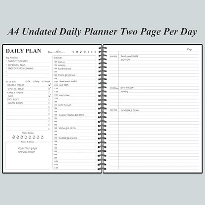Daily Planner Undated - A4 To Do List Notebook Hourly Schedules, Spiral Appointment Planner for Women and Men,PVC Hardcover, Inner Pocket, Elastic Closure, 8.5" x 11", Black