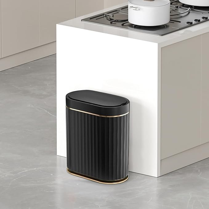 ELPHECO Black Bathroom Trash Can with Lid 2 Gallon Sensor Trash Bin, Automatic Narrow Garbage Can, Waterproof Smart Trash Can, Slim Motion Sensor Waste Bins for Bathroom, Living Room, Office