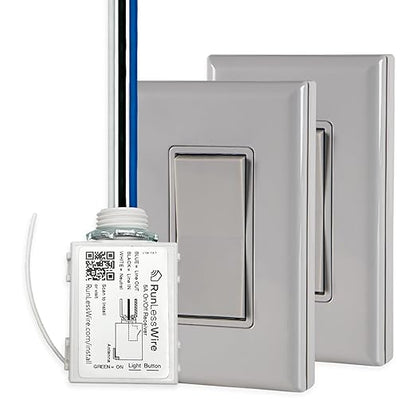 RunLessWire 3-Way Battery-Free DIY Wireless Light Switch Kit 150ft RF Range Self-Powered by Kinetic Energy for Hallways & Stairways: 2 Remote Switches Control 1 5A On/Off Receiver – Gray