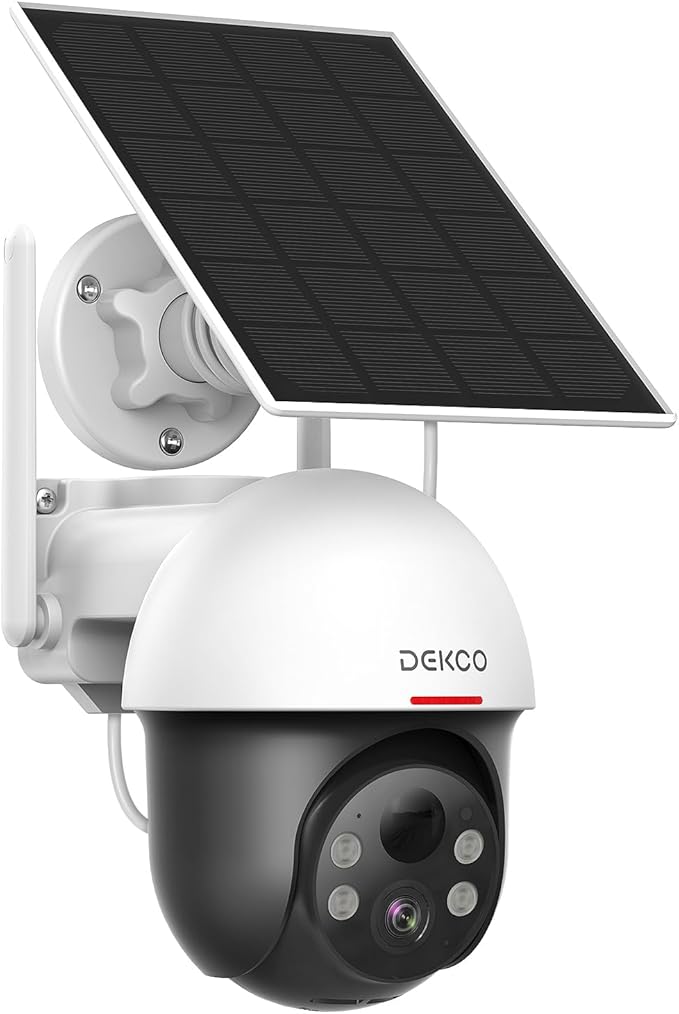 DEKCO Solar Security Camera Outdoor Wireless, Battery Powered, Panoramic Pan Tilt Zoom, Auto Motion Tracking, True 2K, Color Night Vision, Spotlight, 2-Way Talk