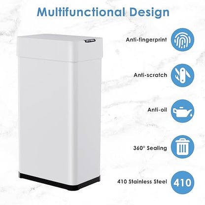 Arlopu 21.1 Gal Automatic Trash Can, 80L Stainless Steel Motion Sensor Garbage Bin, Touchless Brushed Wastebasket, W/Butterfly, Soft-Close Lid, for Living, Dinning Room, Kitchen (White)