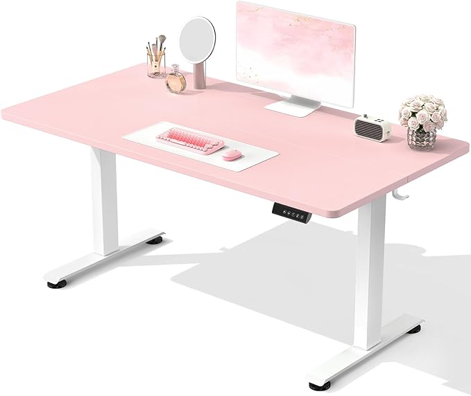 Veken 55 Inch Large Electric Standing Desk, 4 Memory Heights Adjustable,Sit to Stand Up, Work Home Office Computer Table for Study, Walking Pad, Writing, and Games, Wooden Desktop Desks, Pink