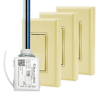 RunLessWire 4-Way Battery-Free DIY Wireless Light Switch Kit 150ft RF Range Self-Powered by Kinetic Energy for Hallways & Stairways: 3 Remote Switches Control 1 5A On/Off Receiver – Ivory