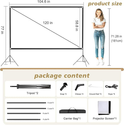 Portable Indoor Outdoor Projector Screen with Stand 120 inch Movie Screen 16:9 Format 4K HD Wrinkle-Free Foldable Design & Easy to Setup for Indoor Home Movie Theater Projector with Carry Bag