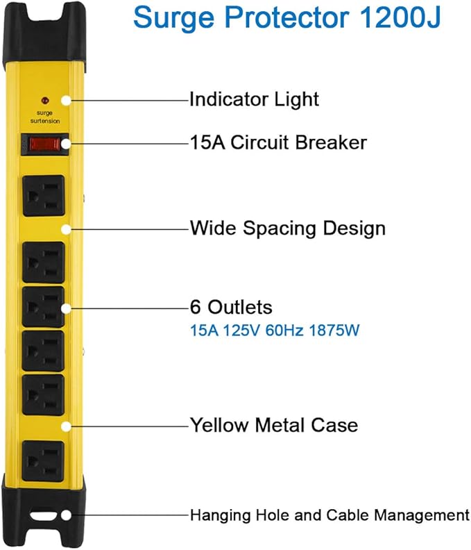 CCCEI Heavy Duty Power Strip Surge Protector with 15A, 6 Plug Industrial Shop Workshop Garden Metal Multiple Outlets, 6FT Extension Cord 1200 Joules ETL Listed, Yellow