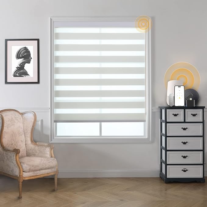 MUSCLEAREA Motorized Blinds with Remote, Cordless Automatic Zebra Shades, Smart Blind for Windows, Grey, 48 x 72