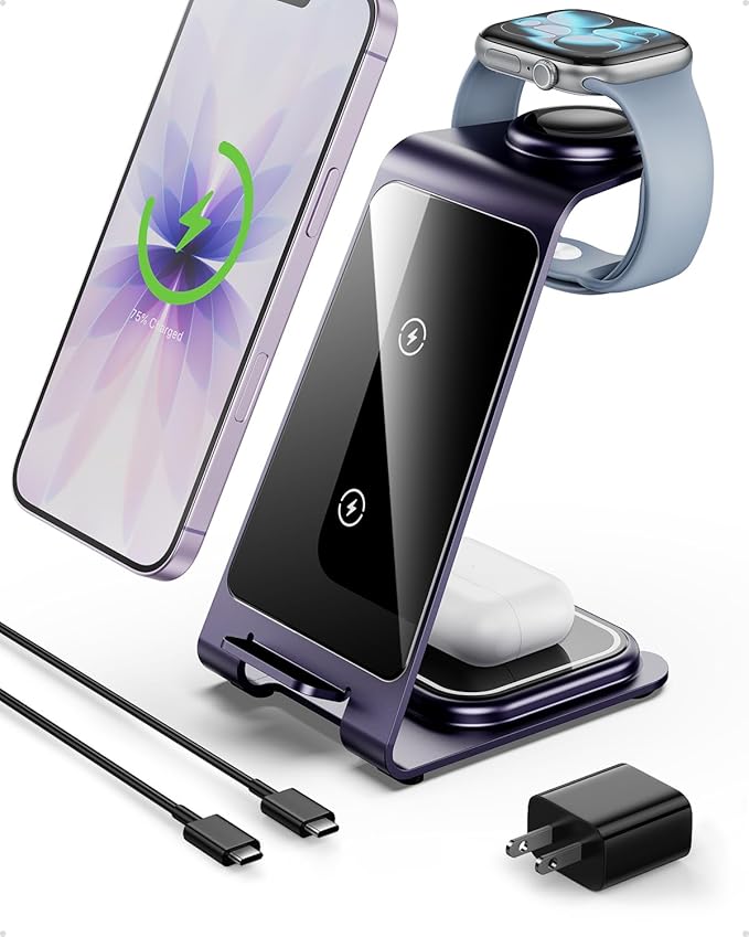 Intoval Aluminum 3 in 1 Wireless Charging Station for iPhone 17 16 15 14 13 12 11 Pro Max XR, Wireless Charger for Apple Watch 11 10 9 8 7 Ultra SE 3 2, Phone Charger for AirPods 4 Pro 2 3 (Purple)