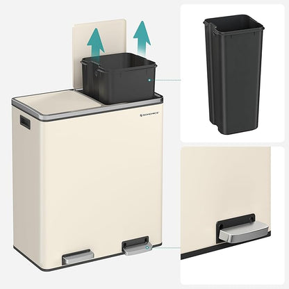 SONGMICS Trash Can, 2 x 8 Gallon (2 x 30 L) Garbage Can for Kitchen, with 15 Trash Bags, 2 Compartments, Plastic Inner Buckets and Hinged Lids, Airtight, Almond Color ULTB201A01