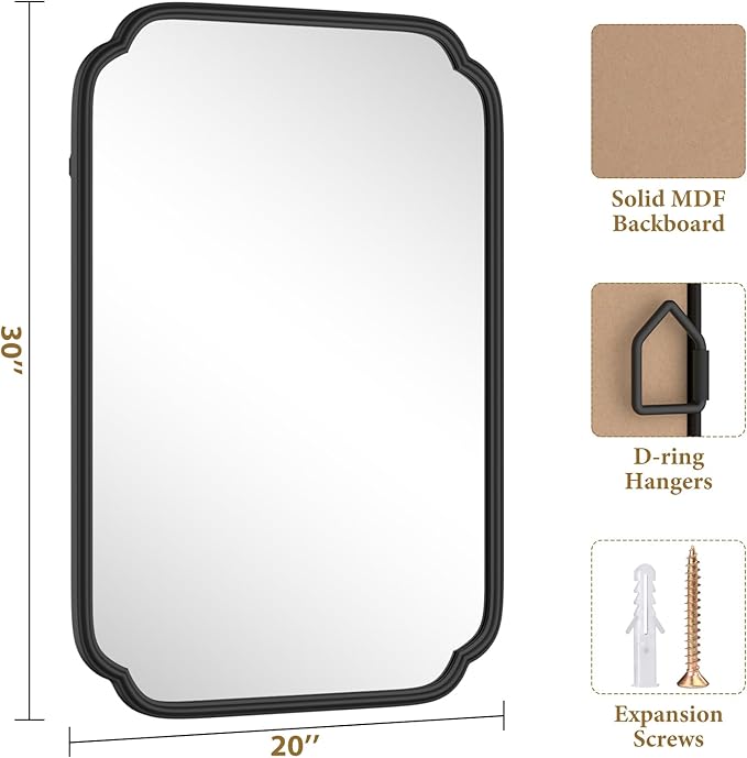 Black Bathroom Mirror for Over Sink 20" x 30" Modern Rounded Rectangle Bathroom Vanity Mirror with Metal Framed Wall Mounted Decorative Mirror (Horizontal/Vertical)
