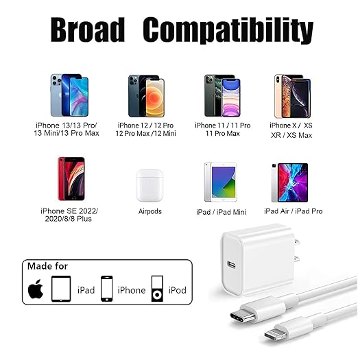iPhone 14 13 Charger, 2Pack 20W Fast Charging Type C Block (MFI Certified) Rapid Speed USB C Wall Charger Lightning Cable Cord Apple Chargers for iPhone 14 Pro Max 14 Plus 13 12 11 Pro SE XS XR X iPad