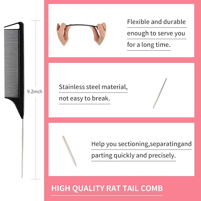 3 Pieces Hair Styling Comb Set Teasing Brush Rat Tail Comb Edge Brush for Edge&Back Brushing, Combing, Slicking Hair for Women (Black)