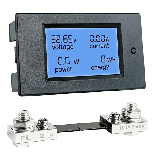 Hosyond DC 6.5-100V 0-100A LCD Display Digital Power Monitoring Meter Voltage Current Power Energy Meter Ammeter Voltmeter Multimeter with 100A Current Shunt