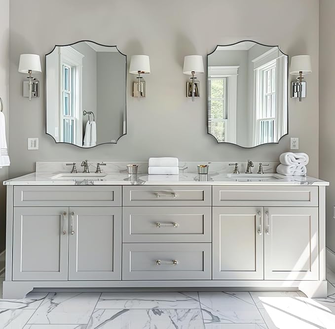 ANDY STAR Brushed Nickel Mirror, 24x32 Inch Unique Mirror for Bathroom, Silver Bathroom Vanity Mirror, Modern Curved Design, Rust-Proof Stainless Steel Metal Frame