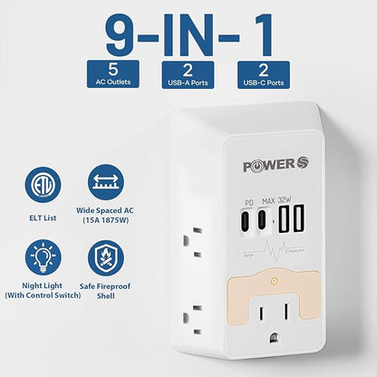 20W PD Fast Charging Wall Outlet with USB Ports (2C2A), Electrical Outlet Extender with Night Light, Surge Protector, Wall Plug Adapter for Multiple Devices, Wall Socket Expander