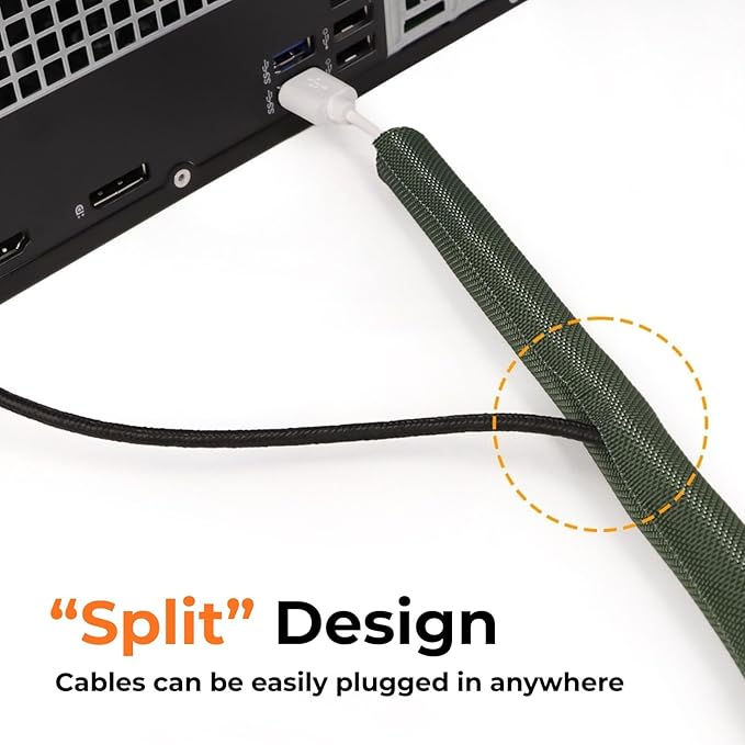 Holed 1/2 inch Split Braided Cable Management Sleeve for USB Cable Power Cord Audio Video Cable, High-Temperature Automotive Harness Wire Loom Cord Protector from Cat Dog Chewing (Green, 10FT)