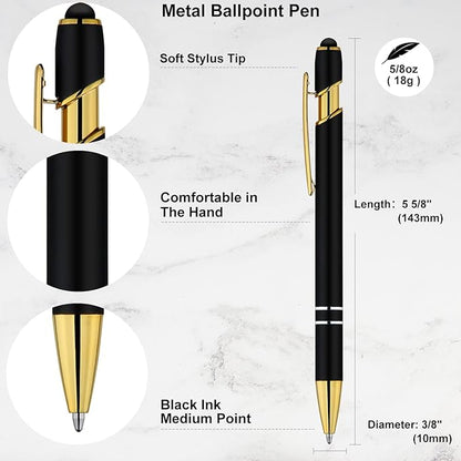 LINFANC 12 Pack Black Gold Ballpoint Pen with Stylus Tip, 1.0 mm Black Ink Smooth Writing Pens, Metal Stylus Pens for Touch Screens