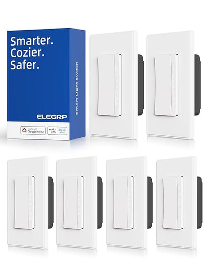 ELEGRP Smart Dimmer Light Switch DPR30, 2.4GHz Wi-Fi Dimmer Switch Compatible with Alexa and Google Assistant, Single Pole/3 Way, Needs Neutral Wire, No Hub Required, UL&FCC Listed, White, 6 Pack