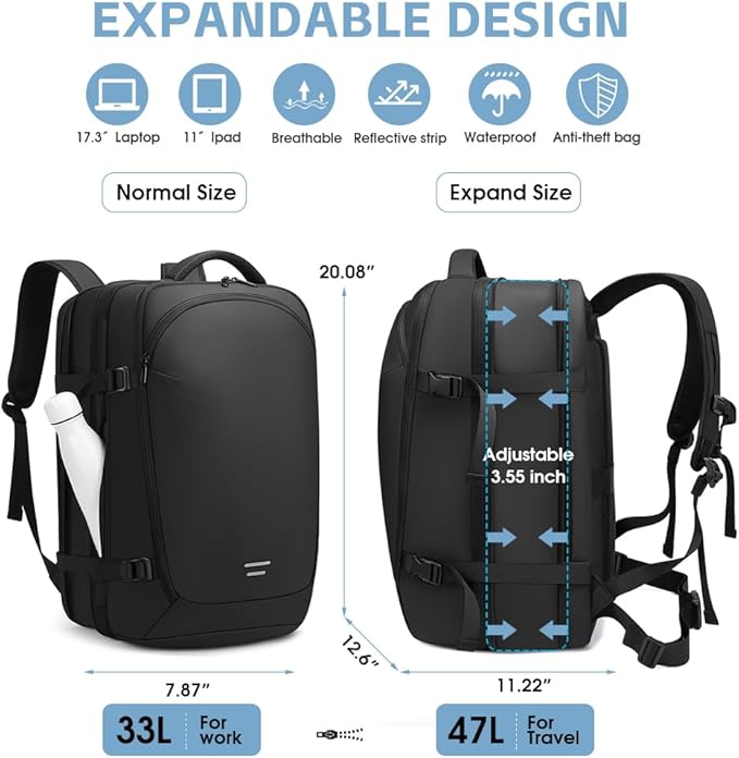 TANGCOLR Vacuum Travel Backpack with Pump for Men Women, 47L Expandable Vacpack Laptop Backpack Flight Approved with Vacuum Compression System