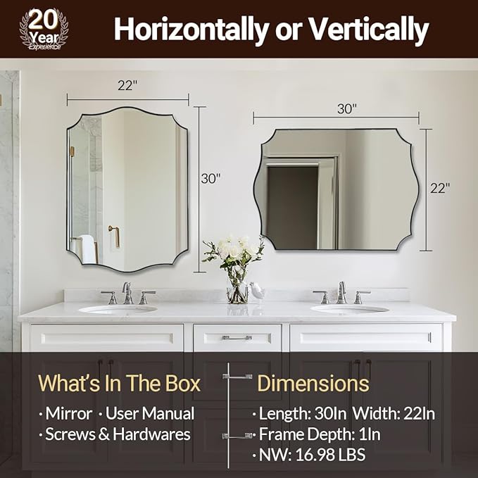 ANDY STAR Brushed Nickel Mirror, 22x30 Inch Silver Bathroom Vanity Mirror, Anti-Rust Stainless Steel 1" Frame, Unique Rectangular Mirror Ideal for Bathroom, Powder Room