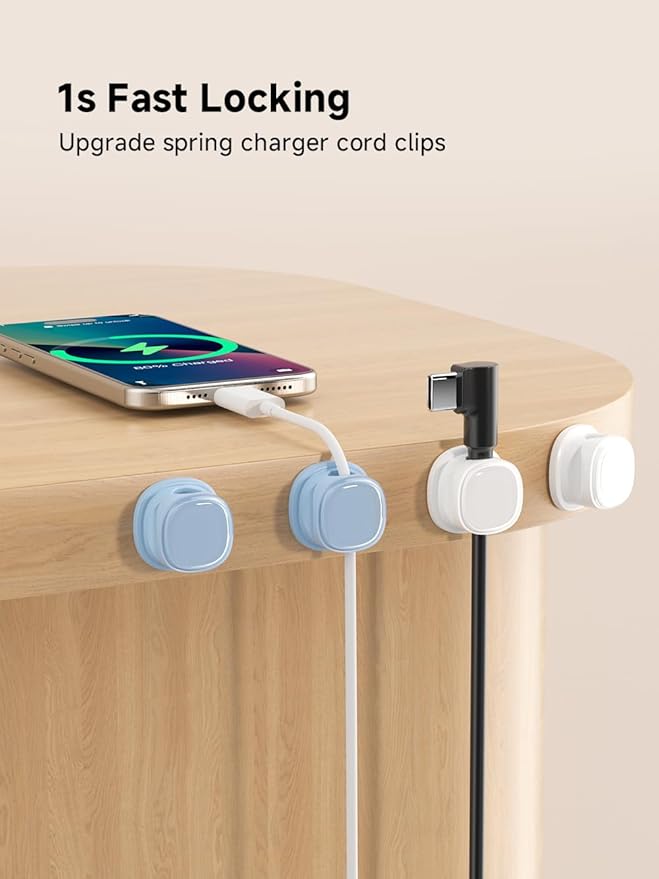 9 Pack Cord Organizer, Spring Cable Management, Adhesive Cute Cable Holder Clips, Phone Charger Wire Keeper for Desk Nightstand Car Office (9-Pack White_Blue)