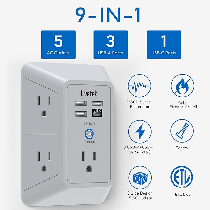 Outlet Extender, Surge Protector Outlet with 5-Multi Plug Outlet and 4 USB Ports(1 USB C), 3-Sided 1680J Power Strip Wall Charger, Multiple-Plug Outlet Splitter for Home Travel Office,ETL Listed,Grey