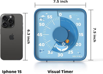 Secura 7.5-Inch Animal Pattern Visual Timer for Kids, 60-Minute Countdown Timer for Classroom or Kitchen, Durable Mechanical Timer Clock with Magnetic Backing (Blue)