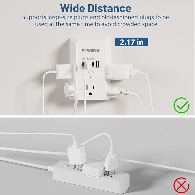 20W PD Fast Charging Wall Outlet with USB Ports (3C1A), Electrical Outlet Extender, Surge Protector, Wall Plug Adapter for Multiple Devices, Wall Socket Expander