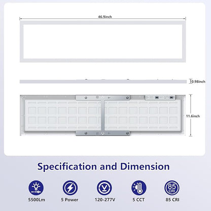 AIKVSXER 1x4 Led Flat Panel Light Surface Mount-2 Pack, 50W 5500Lm Dual Selectable 5CCT 3000K/4000K/5000K/5700K/6500K and Wattage 30-50W 0-10V Dimmable Ceiling Light Fixture for Kitchen/Laundry
