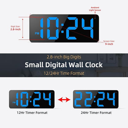 LED Digital Wall Clock with Large Display, Big Digits, Auto-Brightness, 12/24Hr Format, Modern Electric Small Silent Wall Clock for Living Room, Bedroom, Classroom, Farmhouse, Kitchen, Office - Blue