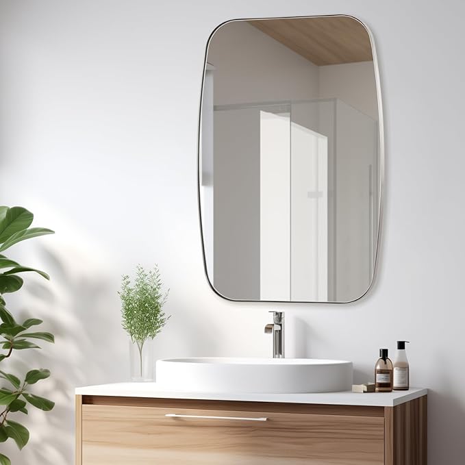Brushed Nickel Bathroom Mirror, 24"×40" Oval Vanity Mirror with Stainless Steel Metal Frame, Silver Oblong Wall Mount Mirror for Bedroom, Living Room