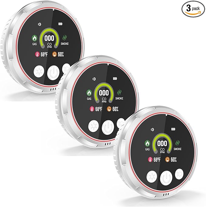 3 Pack 5-in-1 Carbon Monoxide Detectors & Smoke & Natural Gas Leak Detector, Portable Carbon Monoxide Detectors Plug in & Battery Backup, HD Screen Display - Hotel and Travel Safety, RV, Home