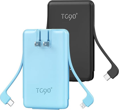 TG90° 2 Pack 5000mAh Power Bank,Small Portable Charge Built-in AC Plug and Cables,Pocket Size USB C External Battery Pack Compatible with iPhone 17 16 15 14 13 12 Samsung Google iPad,Black & Blue