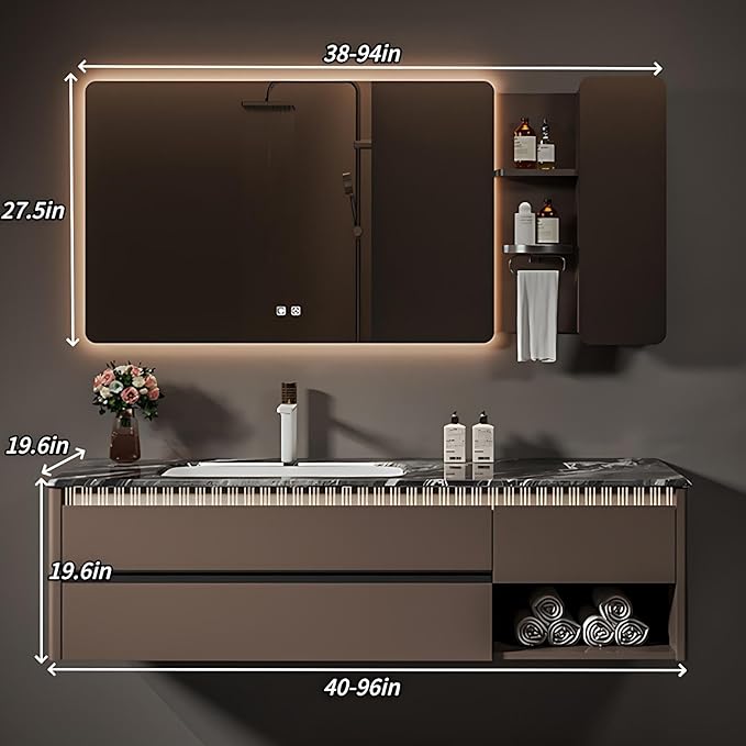Modern Bathroom Vanity - Spacious Deep Sink | Defogging LED Mirror & Human Body Sensor Light, Open Side Panel, Floating Smart Bathroom Vanities (48IN)