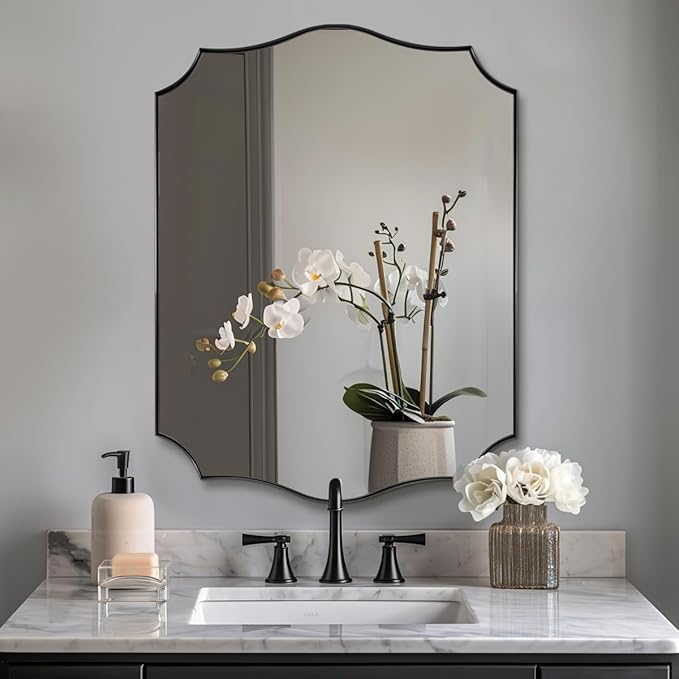 ANDY STAR Black Bathroom Vanity Mirror, 22x30 Irregular Wall Mirror, Scalloped Wall Mirror in Stainless Steel Metal Frame, Asymmetrical Mirror for Bathroom, Bedroom, Living Room, Mantel